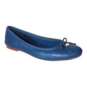 Coach Blue Leather Ballet Flat Leather Sole Wood Heel Bow Gold Tone Emblem 7